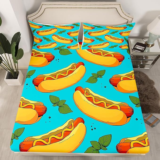 Manfei Fast Food Sheet Set King Size, American Cartoon Hot Dog Hamburg Bedding Set for Kids Boys Girls Room Decor, Creative Abstract Bed Sheet Set 4pcs (Fitted Sheet, Flat Sheet, 2 Pillowcases)