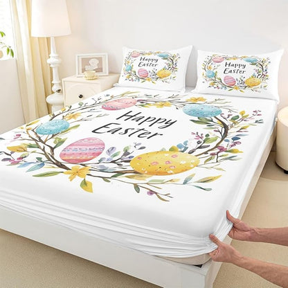 Happy Easter Fitted Sheet Twin Size Flowers Floral Easter Eggs Bedding Set for Kids Bedroom Spring Holiday Farmhouse Bed Sheet Set 2pcs White Colorful Deep Pocket Mattress Cover,No Top Flat