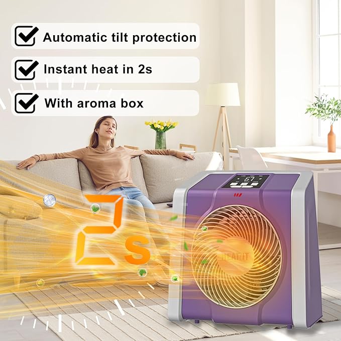 HEATIT Space Heater with Remote for Indoor, Digital Display with Thermostat，Containing Plasma & Ozone, 1-12H Timer,1500W/750W, Electric Space Heater for Office, Bedroom,Violet,10.6"Dx7.0"W x 11.8"H
