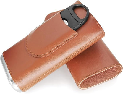 Brown Cigar Case with Cutter - Portable Leather Travel Cigar Holder and Pouch Kit for Men