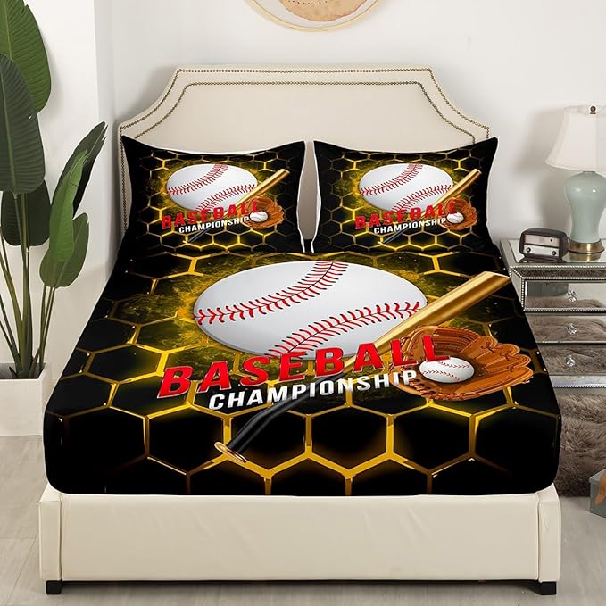 Manfei Baseball Sheet Set Queen Size, Abstract Geometric Gold Honeycomb Bedding Set for Kids Boys Room Decor, Sports Theme Bed Sheet Set 4pcs with Deep Pocket Fitted Sheet + Flat Sheet + 2 Pillowcases