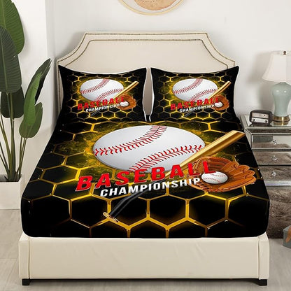 Manfei Baseball Sheet Set King Size, Abstract Geometric Gold Honeycomb Bedding Set for Kids Boys Room Decor, Sports Theme Bed Sheet Set 4pcs with Deep Pocket Fitted Sheet + Flat Sheet + 2 Pillowcases