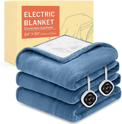 HOMLYNS LuxeHeat Heated Blanket Electric Blanket Queen Size, Soft Flannel Sherpa Heating Blanket with 10 Heat Settings, 1-10 hrs Timer Auto Shut Off (84x90 inches, Blue)
