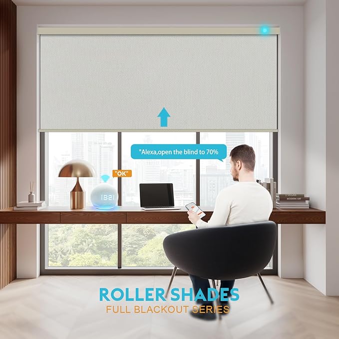 Motorized Blinds with Remote, Smart Blind Roller Shades Compatible with Alexa, Durable Rechargeable Battery Solar Power Electric Window Blinds Motorized Shades Customized Size (Pure Beige)