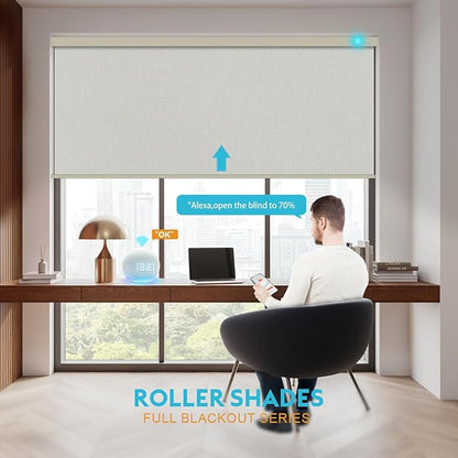 Motorized Blinds with Remote, Smart Blind Roller Shades Compatible with Alexa, Durable Rechargeable Battery Solar Power Electric Window Blinds Motorized Shades Customized Size (Pure Beige)