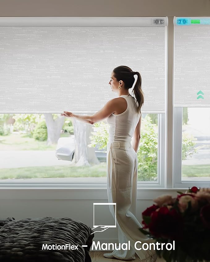 Yoolax Motorized Shades Dual Control, MotionFlex Motorized Roller Shades with App & Manual Control, Pull Down Automatic Shades for Indoor Windows, Custom Size(Blackout Jacquard White)