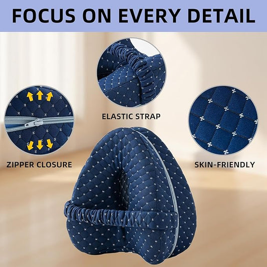 Knee Pillow for Side Sleepers, Alignment Pillows for Side Sleepers， Memory Foam Leg Pillow with Sleeping revoget Alignment Pillow for Soothing Pain Relief for Sciatica - Adjustable Strap (Grid Blue)