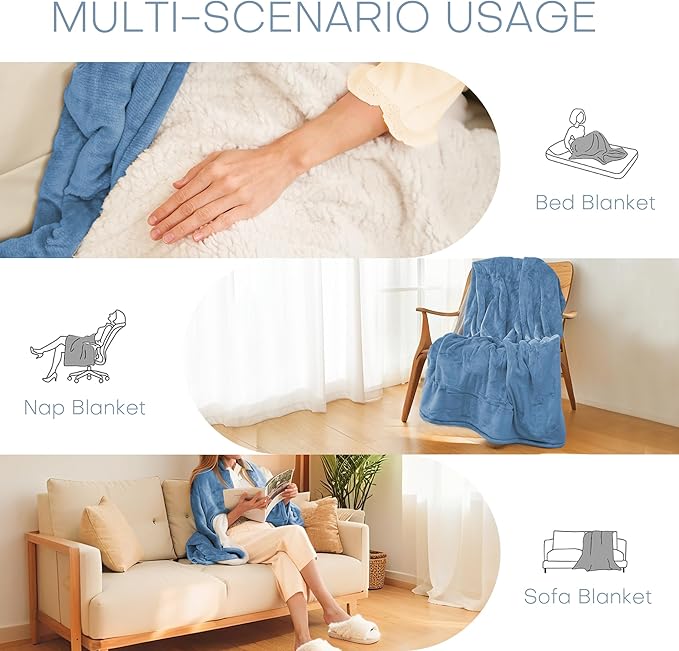 Electric Heated Blanket Twin Size 62"x84" - Microplush & Sherpa Fabric Dual-Sided, 6 Heat Settings & 1-10 Hours Auto Off , Cozy Warming Throw for Home, Office, or Bed, Machine Washable，Slate Blue