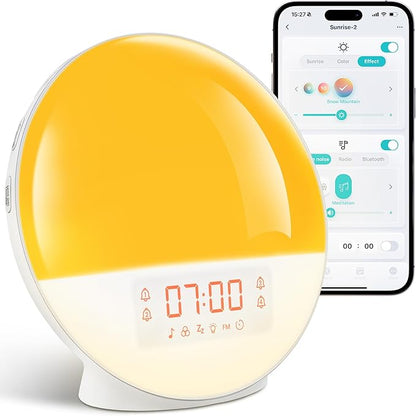 Sunrise Alarm Clock with App Control for Heavy Sleepers, Bedroom, Wake Up Light with Sunrise&Sunset Simulation, White Noise Sound Machine with 11 Colors Night Lights, Dual Alarms, FM Radio