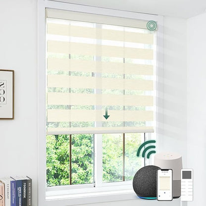 Motorized Zebra Blinds, Cordless Blackout Window Shades with Remote, Custom Dual Layer Smart Roller Shades Compatible with Alexa Google Assistant, Automatic Light Filtering Blinds,Luxury Beige