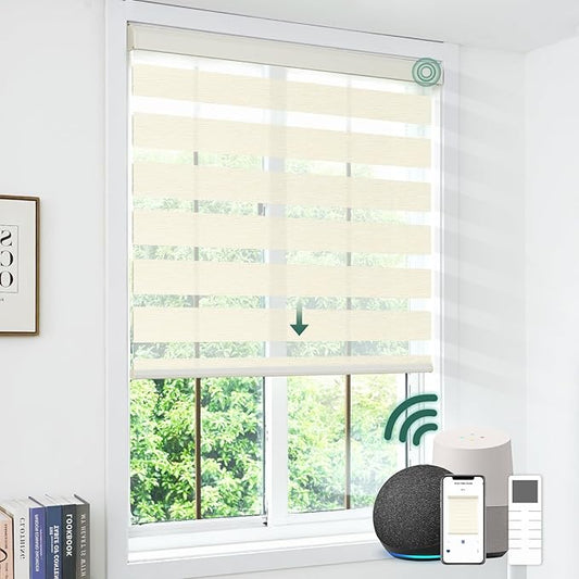Motorized Zebra Blinds, Cordless Blackout Window Shades with Remote, Custom Dual Layer Smart Roller Shades Compatible with Alexa Google Assistant, Automatic Light Filtering Blinds,Luxury Beige