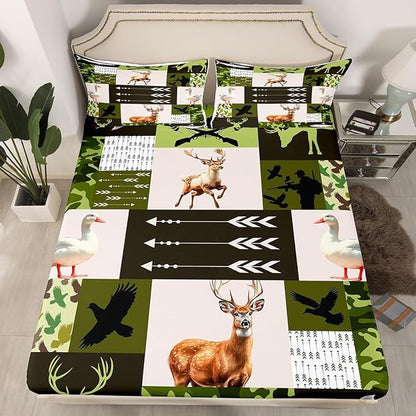Cabin Deer Kids Fitted Sheet Twin Size,Hunt Arrows Geometric Camo Grids Bedding Set,Boys Girls Room Decor,Duck Bass Fish Sealife Wild Animal Rustic Bed Cover,Green Bed Sheet,1 Pillowcase,No Top Sheet