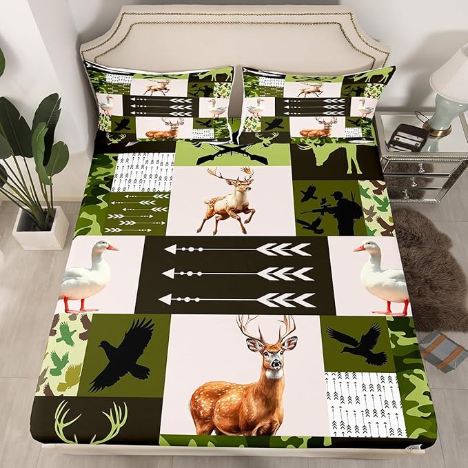 Cabin Deer Kids Fitted Sheet Queen Size,Hunt Arrows Geometry Camo Grids Bedding Set,Boys Girls Room Decor,Duck Bass Fish Sealife Wild Animal Rustic Bed Cover,Green Bed Sheet,2 Pillowcases,No Top Sheet