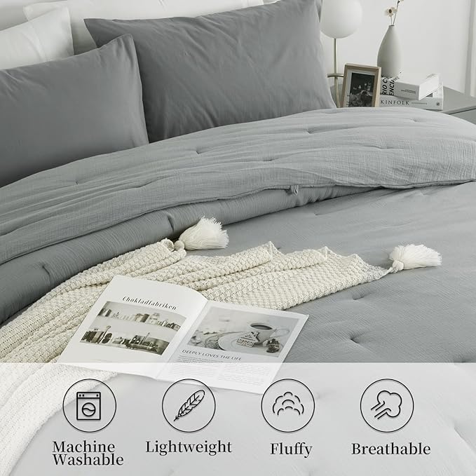 HOMBYS 100% Cotton Muslin Comforter Oversized King 120x120, Lightweight and Breathable Down Alternative Comforter,Soft Gauze Summer Light Grey Reversible Fluffy Duvet Insert