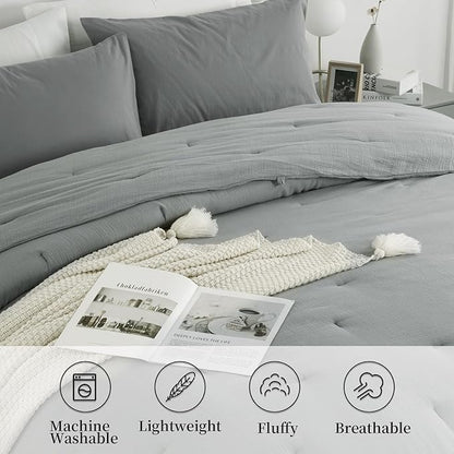 HOMBYS 100% Cotton Muslin Comforter Oversized King 120x120, Lightweight and Breathable Down Alternative Comforter,Soft Gauze Summer Light Grey Reversible Fluffy Duvet Insert