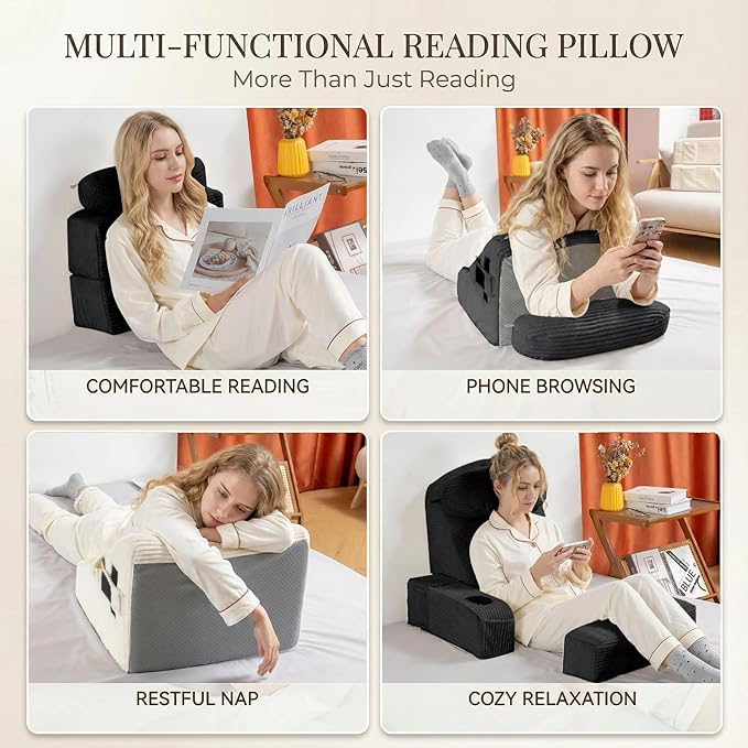 AS AWESLING Reading Pillow for Adults, Back Pillow for Bed Sitting Up, Backrest Pillow for Sitting in Bed, Detachable Arms with Built-in Cup & Phone Caddy (Dark Gray-Corduroy, 21 INCH)