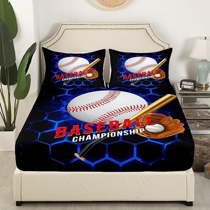 Manfei Baseball Sheet Set Full Size, Ball Games Sports Themed Bed Sheet Set 4pcs with Deep Pocket Fitted Sheet + Flat Sheet + 2 Pillowcases, Royal Blue Honeycomb Bedding Set for Kids Boys Room Decor