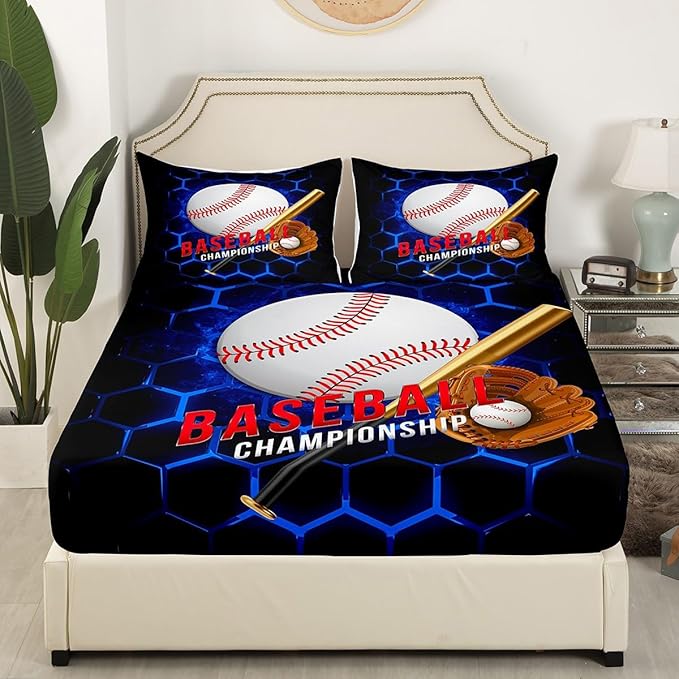 Manfei Baseball Sheet Set King Size, Ball Games Sports Themed Bed Sheet Set 4pcs with Deep Pocket Fitted Sheet + Flat Sheet + 2 Pillowcases, Royal Blue Honeycomb Bedding Set for Kids Boys Room Decor