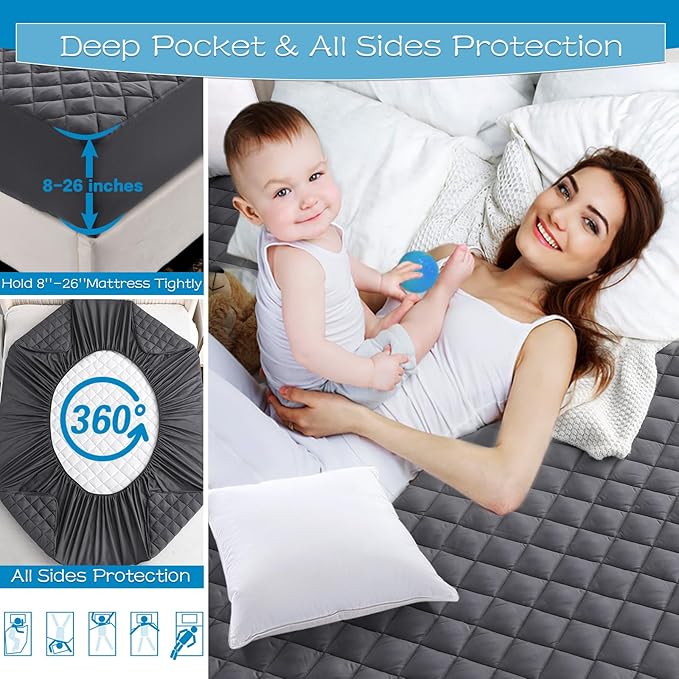 GRT Queen Size Grey Quilted Fitted Mattress Pad, 100% Waterproof Breathable Mattress Protector, Noiseless Hollow Cotton Mattress Topper, Fitted 8"-26" Deep, Dust Proof