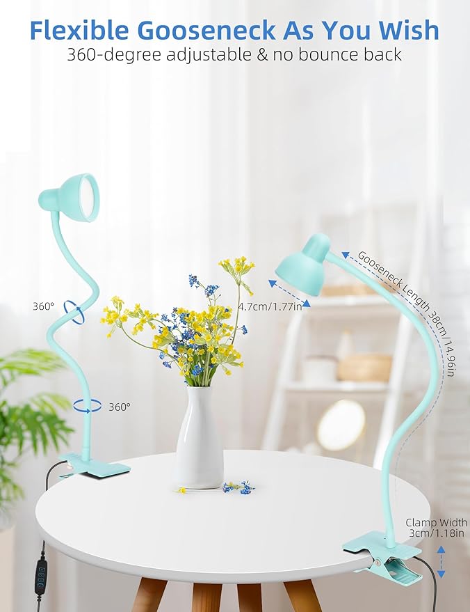 Clip on Reading Light for Bed 3 Color Modes, 10 Brightness Dimmable, Flexible Gooseneck Clip on Lamp, Eye Care Clip Light for Bed Headboard Desk Home Dorm Teal