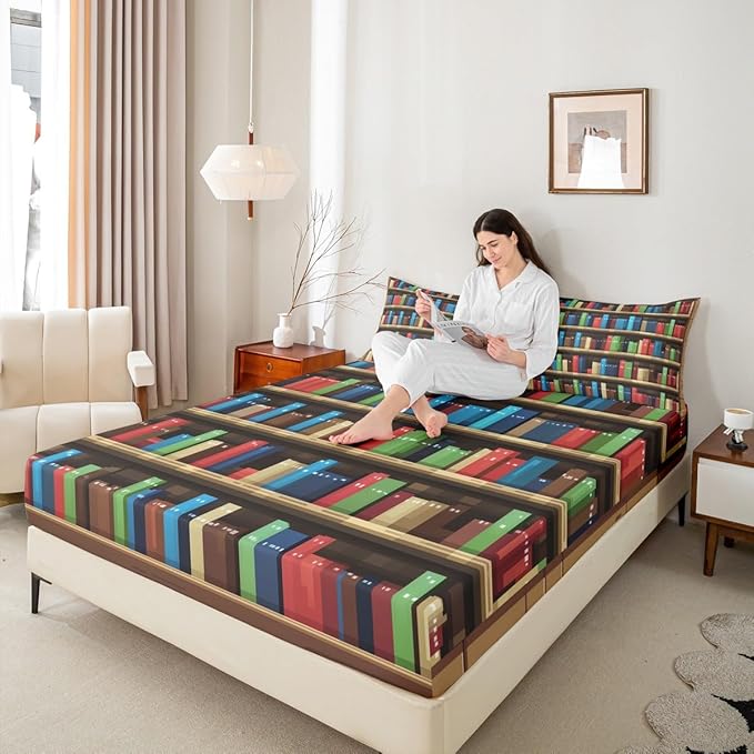 Pixel Vedio Game Bed Sheets Queen Size,Pixelated Bookshelf Bookcase Bedding Set, Books Modern Building Games Boys Girls Room Decor,Colorful Sheet(Fitted+Flat+2 Pillowcases)