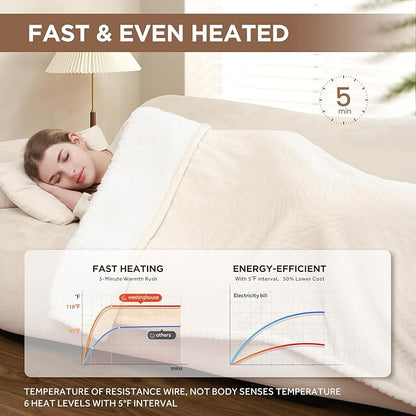 Westinghouse Twin Size Heated Blanket, Electric Blanket Twin with 10 Heating Levels and 1-12 Hours Auto-Off, Flannel to Sherpa Reversible, Flower Jacquard Heated Blanket, 62 x 84 inch, Beige