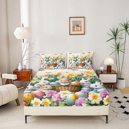 Kawaii Rabbits Fitted Sheet Full Size Spring Easter Bunny Flower Bedding Set for Kids Bedroom Tulip Easter Egg Floral Bed Sheet Set 3pcs Colorful Deep Pocket Mattress Cover,No Top Flat