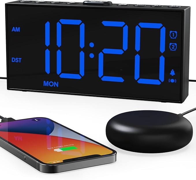 ROCAM Loud Vibrating Alarm Clock with Bed Shaker, Bed Shaker Alarm Clock for Heavy Sleepers/Hearing Impaired/Deaf, Dual Alarm with Weekday/Weekend Mode, Large Display Digital Clock with Dimmer, Snooze