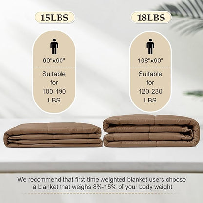 downluxe Weighted Blanket Queen Size, 15 lb Weighted Blanket with Glass Beads for All Season, Machine Washable Heavy Blanket (Brown, 90 X 90 Inch)