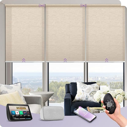 Graywind Motorized Light Filtering Shades Compatible with Alexa Google Rechargeable Remote Control Smart Blinds Automatic Window Shade with Valance for Home Office, Custom Size (Jacquard Coffee)