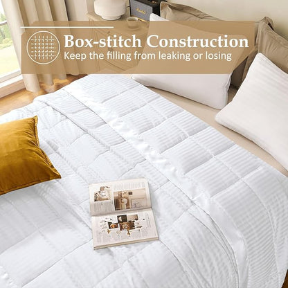 downluxe King Size Blanket with Satin Trim, Lightweight Down Alternative King Blanket for All Season, Machine Washable (White, 108 x 90 Inch)