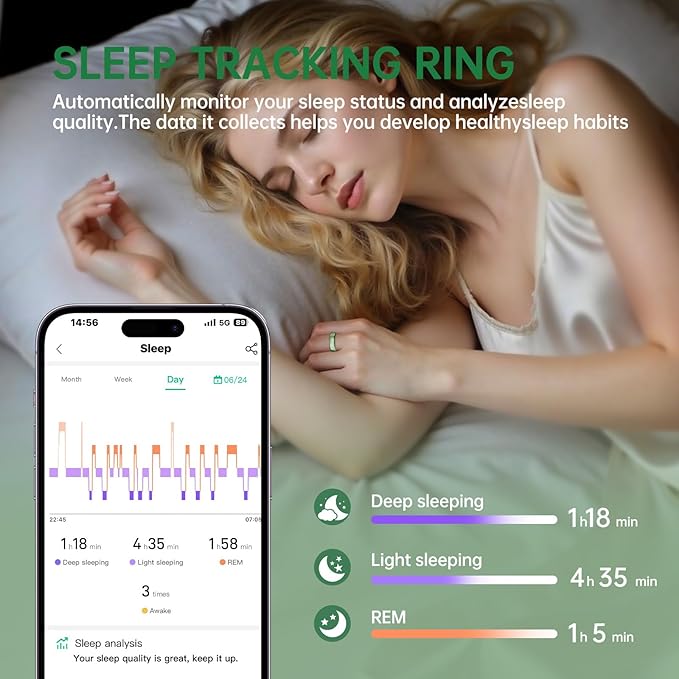 Smart Ring for Women & Men, Health Tracker Ring with Heart Rate, Blood Oxygen,Blood Pressure, IP68 Waterproof Fitness Ring, Sleep Tracker for iPhone and Android, No APP Fee (Green, 8#)
