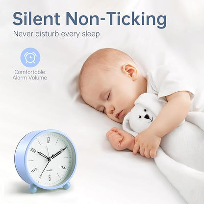 Analog Alarm Clock, 4 inch Super Silent Non Ticking Small Clock with Night Light, Battery Operated, Simple Design, Old fashioned Style SkyBlue decor, for Bedroom, Bedside, Desk, Adult, Kid, Gift, Blue