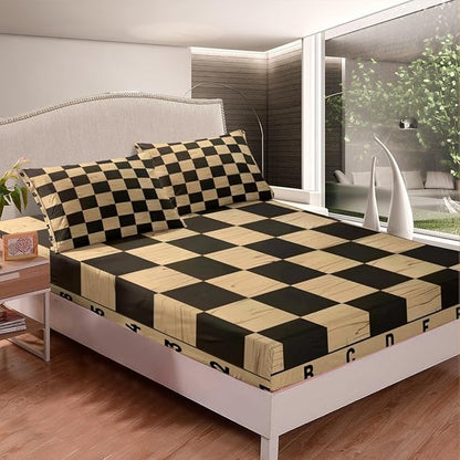 Manfei Geometric Grids Fitted Sheet King Size with 2 Pillowcases,Retro International Chess Chic Sport Game Bed Sheet Set,Brown Wooden Print Checkerboard Plaids Top Flat Sheet Microfiber Breathable