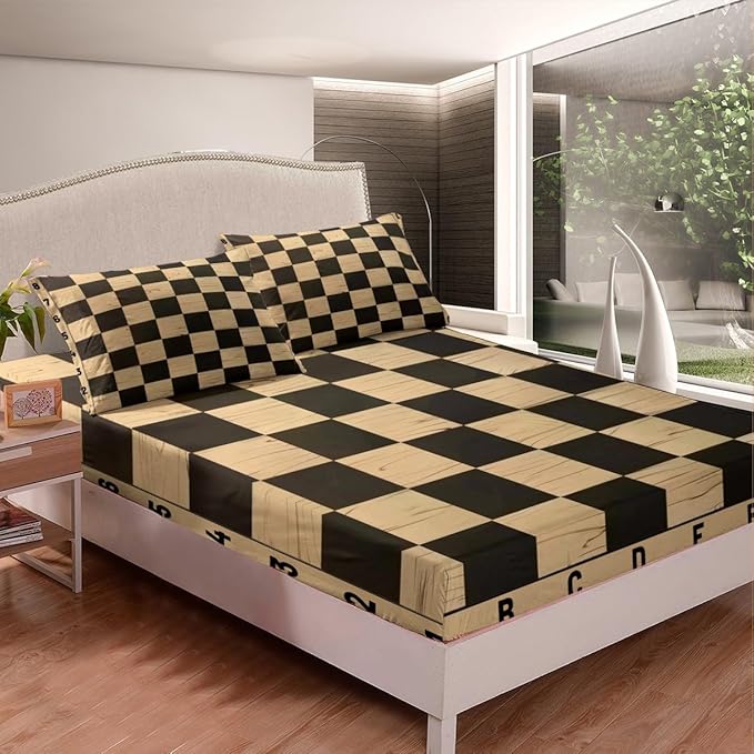 Manfei Geometric Grids Bed Sheet Set for Kids,Retro International Chess Chic Sport Game Sheets Set,Brown Wooden Print Checkerboard Plaids Sheet Sets with Deep Pocket,Top Flat Sheet,Twin Size