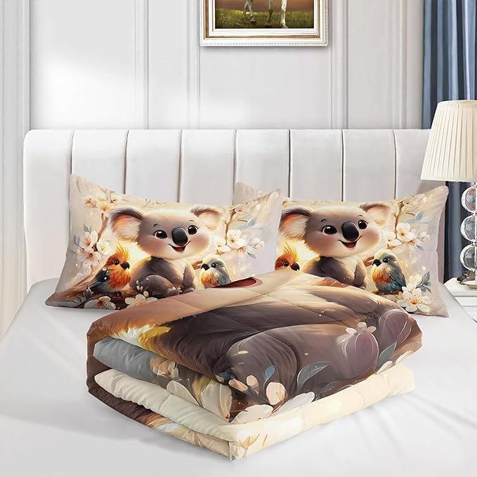 Kawaii Koala Bedding Set,Cartoon Koala Parrot Floral Pattern Twin Size Bed Set for Kids Girls Boys Room Decor,Cute Beddings with 2 Pillowcases.