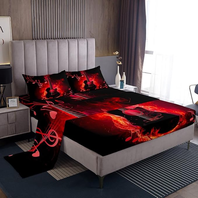 Electric Guitar Bed Sheet Queen Size,Rock Music Theme Guitar Musical Notes Sheets,Neon Red Glowing Modern Artistic Bedding Sets (1 Fitted,1 Flat,2 Pillowcases) Deep Pocket Bed Sheets