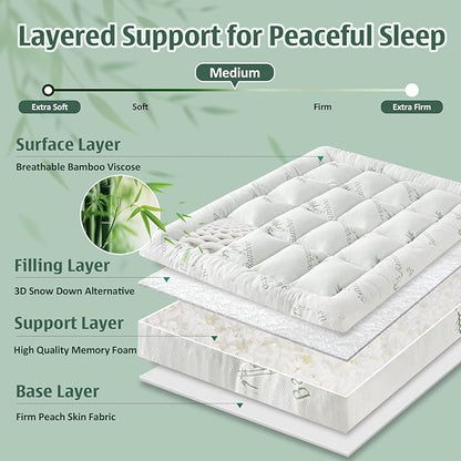 DOWNCOOL 3 Inch Queen Mattress Topper – Cooling Memory Foam Mattress Topper for Back Pain Relief, Breathable Bamboo Viscose Air Layer, 1700 GSM Fill, Deep Pocket Fits 8–21 Inch