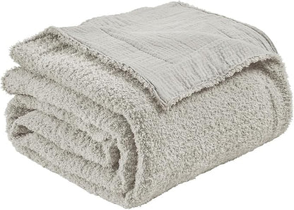 EMME Muslin and Fleece Twin Blanket Reversible - 60"*80" Grey Soft Warm Throw Blankets for Couch Bed Picnic Travel Bed