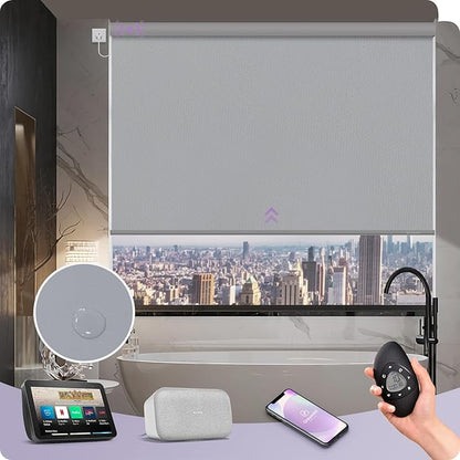 Graywind Motorized Roller Shade 100% Blackout Compatible with Alexa Google Waterproof Vinyl Fabric Remote Control Hardwired Window Shades Window Blinds, Customized Size (Light Grey)