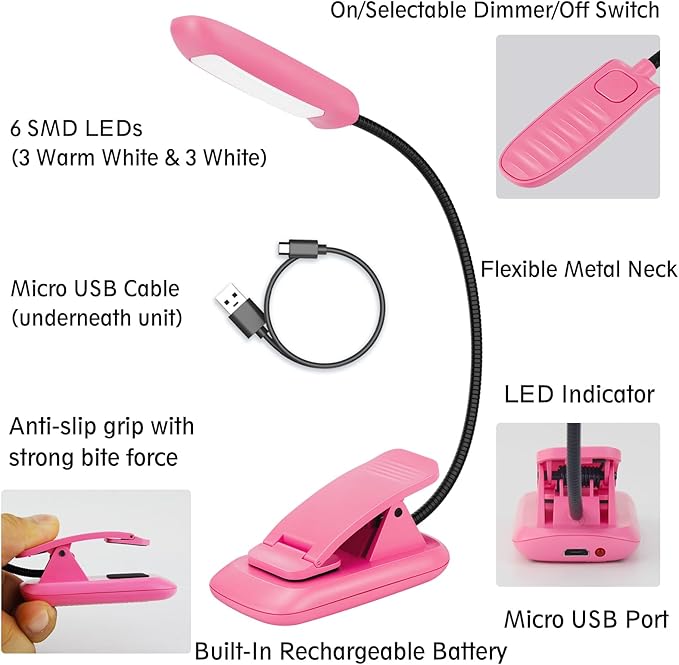 BIGMONAT Rechargeable Book Light for Reading in Bed,Reading Lamp with Brightness Adjustable and 360°Rotary, Eye Care Samll Desk Lamp, Night Lights for Kids, Readers (Pink,1Pack)