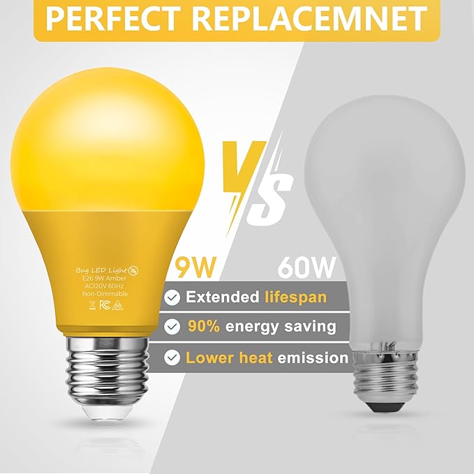 Briignite Bug Lights for Outside, Bug Light Bulbs, 60W Yellow Light Bulbs Outdoor Equivalent 9W, A19 E26 LED Amber Light Bulb, Non-Dimmable for Porch Lights, 2 Pack