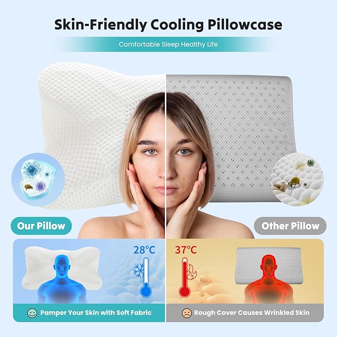 DUMOS Cervical Neck Pillow, Cooling Ergonomic Memory Foam Pillows for Neck Pain Relief with Breathable Pillowcase, Dual Height Orthopedic Support Contour Pillow for Side, Stomach Sleepers, White