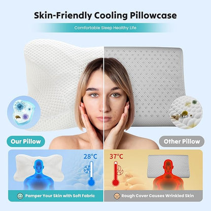 DUMOS Cervical Neck Pillow, Cooling Ergonomic Memory Foam Pillows for Neck Pain Relief with Breathable Pillowcase, Dual Height Orthopedic Support Contour Pillow for Side, Stomach Sleepers, White