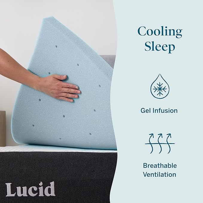 Lucid 2 Inch Memory Foam Mattress Topper, Queen Size – Cooling Gel Bed Topper – Pressure-Relieving Plush Feel – Ventilated Breathable Design – CertiPur Certified - Dorm Room Essentials
