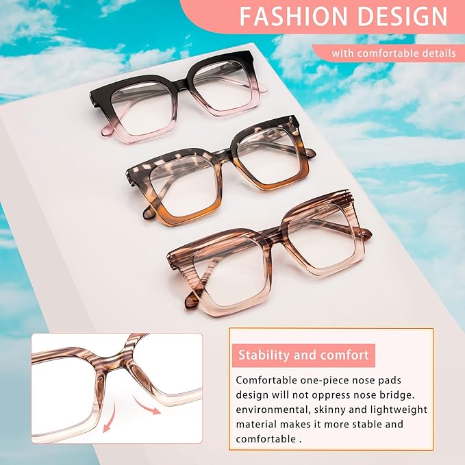 KoKoBin 3 Pack Stylish Square Frame Oprah Style Reading Glasses for Women, Blue Light Blocking Comfortable Readers