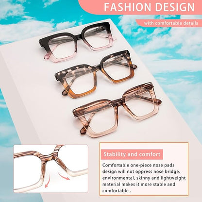 KoKoBin 3 Pack Stylish Square Frame Oprah Style Reading Glasses for Women, Blue Light Blocking Comfortable Readers