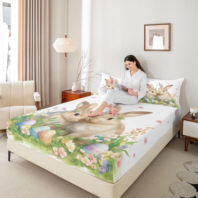 Cute Rabbit Bed Sheet Full Size Happy Easter Cartoon Animal Bedding Set Spring Flowers Easter Egg Fitted Sheet Kids Boys Girls Room Decor Green Yellow Soft Sheets with 2 Pillowcase,No Top Flat