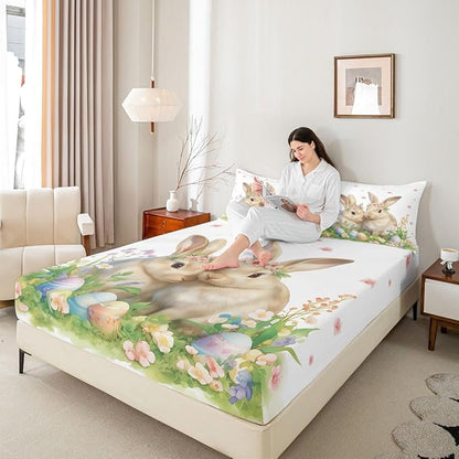 Cute Rabbit Bed Sheet Queen Size Happy Easter Cartoon Animal Bedding Set Spring Flowers Easter Egg Fitted Sheet Kids Boys Girls Room Decor Green Yellow Soft Sheets with 2 Pillowcase,No Top Flat