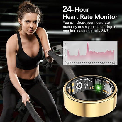 Ring Health Tracker for Women Men, Fitness Ring with Heart Rate,Blood Oxygen,Sleep Monitor,Calories, Step Counter, IP68 Waterproof Smart Ring for iPhone & Android, No Subscription Fee (Gold, 12#)
